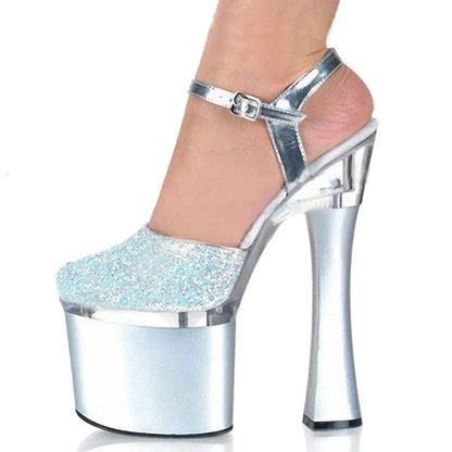 Thick Heel Silver 18 cm Round Head Buckle Shallow Mouth Queen High Heels Banquet Fashion T-stage Model Walk Show Sequin Women's