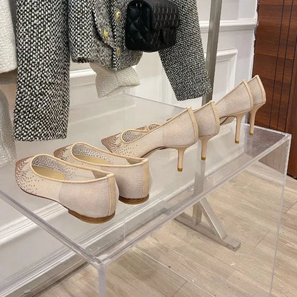 8.5CM/6.5CM/Flat Pointy Toe Sandals RTS Product Famous Brand Designer Mesh Pumps Gold Luxury Heels for Woman