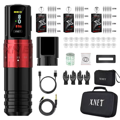 XNET Vipera 2.4-4.2mm Adjustable Stroke Professional Wireless Tattoo Pen Machine Complete Full Kit Set with 60pc Mixed Cartridge