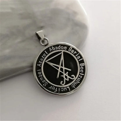 Retro Geometric Sigil of Lucifer Inverted Cross Coin Pendant Necklace Vintage Style Titanium Steel Unisex Gift