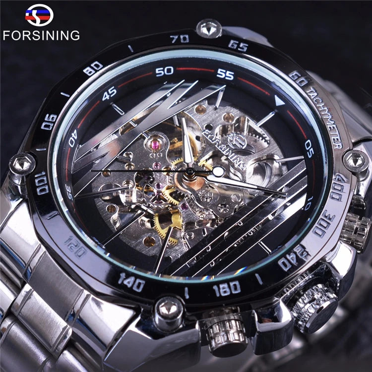 Forsining Golden Stainless Steel Band Top Brand Luxury Mechanical Wristwatches Fashion Openwork Men's Watch Skeleton Male Clock