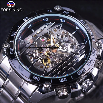 Forsining Golden Stainless Steel Band Top Brand Luxury Mechanical Wristwatches Fashion Openwork Men's Watch Skeleton Male Clock