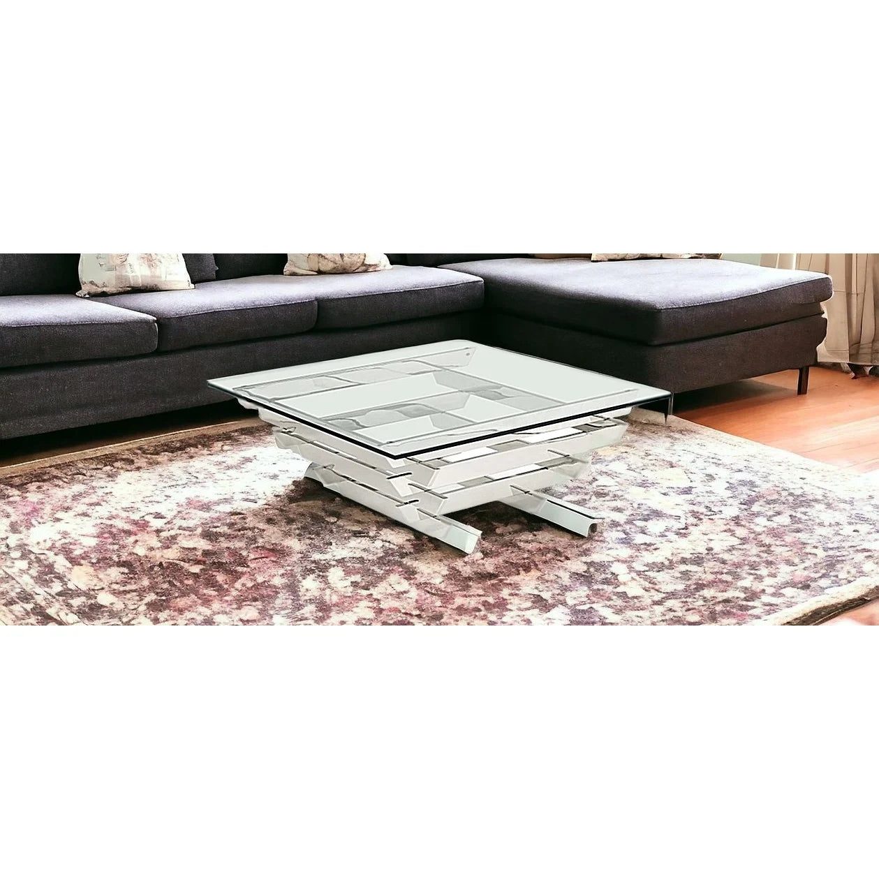 HMS 39\" Clear and Silver Glass Square Stainless Steel Coffee Table with Shelf Sleek Square Sled Design