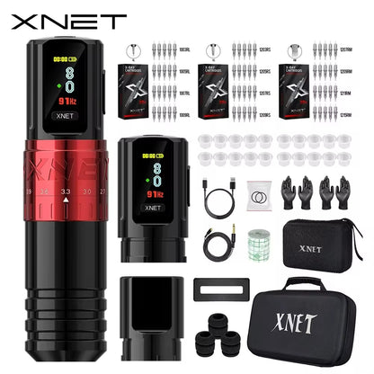 XNET Vipera 2.4-4.2mm Adjustable Stroke Professional Wireless Tattoo Pen Machine Complete Full Kit Set with 60pc Mixed Cartridge