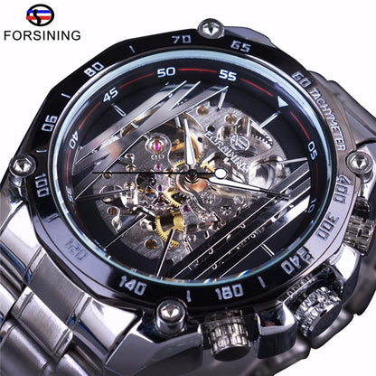 Forsining Golden Stainless Steel Band Top Brand Luxury Mechanical Wristwatches Fashion Openwork Men's Watch Skeleton Male Clock