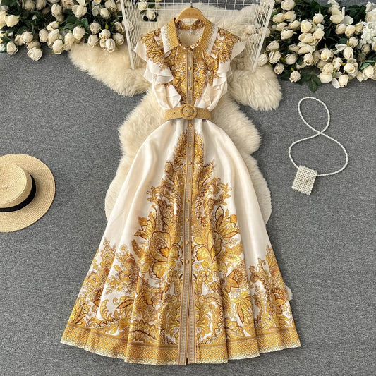 Summer New Design Ruffle Retro Lapel Court Style Sleeveless Printed Waistband Dress Trend