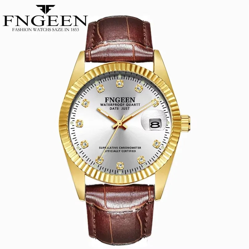 Fngeen 7008 3301 Diamonds Couple Watches Luminous Date Quartz Movement Women and Men Lover's Golden Design Big Dial Wrist Watch