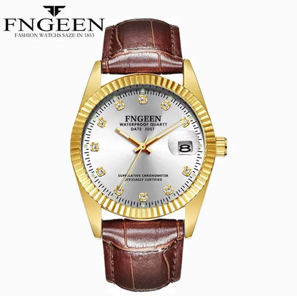 Fngeen 7008 3301 Diamonds Couple Watches Luminous Date Quartz Movement Women and Men Lover's Golden Design Big Dial Wrist Watch