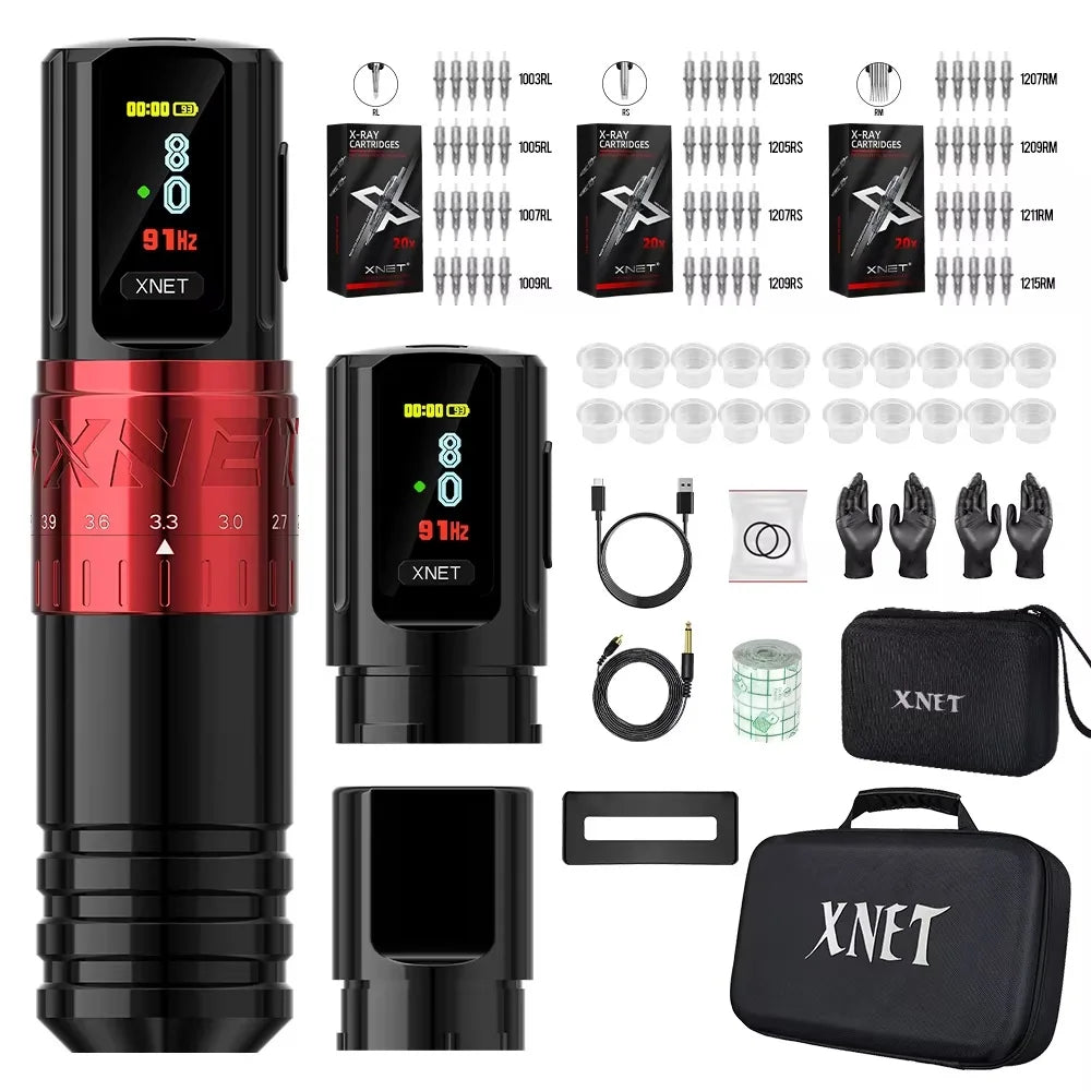 XNET Vipera 2.4-4.2mm Adjustable Stroke Professional Wireless Tattoo Pen Machine Complete Full Kit Set with 60pc Mixed Cartridge