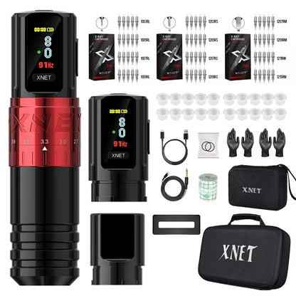 XNET Vipera 2.4-4.2mm Adjustable Stroke Professional Wireless Tattoo Pen Machine Complete Full Kit Set with 60pc Mixed Cartridge