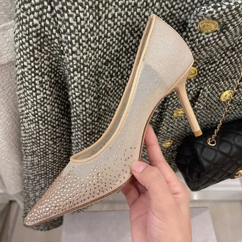 8.5CM/6.5CM/Flat Pointy Toe Sandals RTS Product Famous Brand Designer Mesh Pumps Gold Luxury Heels for Woman