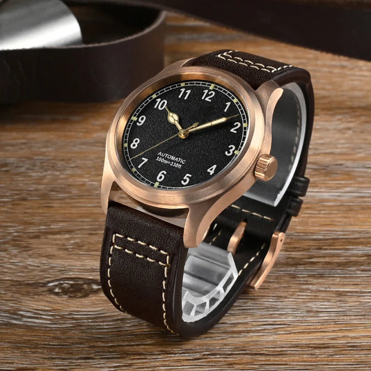 37mm Men's YN55 Cusn8 Bronze Vintage Style Automatic Mechanical Leather Watch 100M Waterproof Pointer Dial Display Diver Feature
