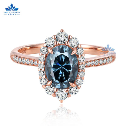 14k Rose Gold Vintage Engagement Ring Design Oval 1.5ct Blue Grey Moissanite Melee Diamond halo Engagement Wedding Ring