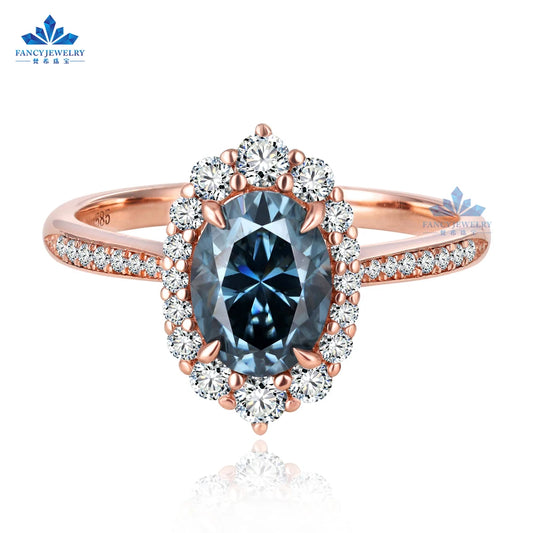 14k Rose Gold Vintage Engagement Ring Design Oval 1.5ct Blue Grey Moissanite Melee Diamond halo Engagement Wedding Ring