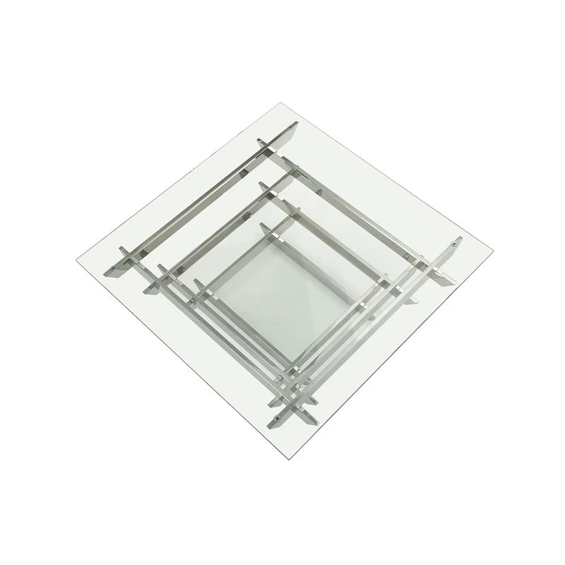 HMS 39\" Clear and Silver Glass Square Stainless Steel Coffee Table with Shelf Sleek Square Sled Design