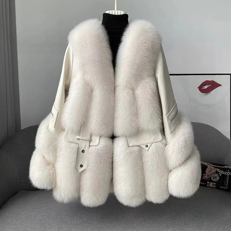 2023 New Arrival Winter Thick Warm Leather Fur Jacket Women Real Fox Fur Coat