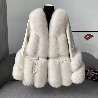 2023 New Arrival Winter Thick Warm Leather Fur Jacket Women Real Fox Fur Coat
