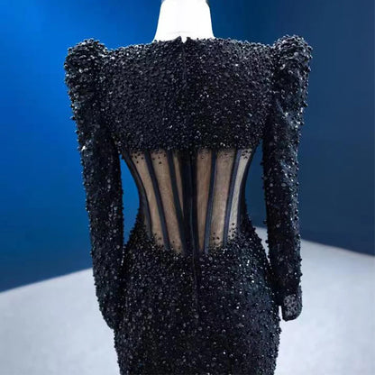 Jancember RSM67553 Sexy Black Illusion Long Sleeve Party Mermaid Evening Gowns Dresses