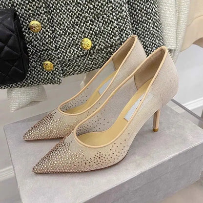 8.5CM/6.5CM/Flat Pointy Toe Sandals RTS Product Famous Brand Designer Mesh Pumps Gold Luxury Heels for Woman