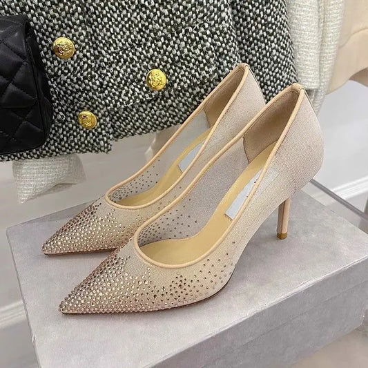 8.5CM/6.5CM/Flat Pointy Toe Sandals RTS Product Famous Brand Designer Mesh Pumps Gold Luxury Heels for Woman