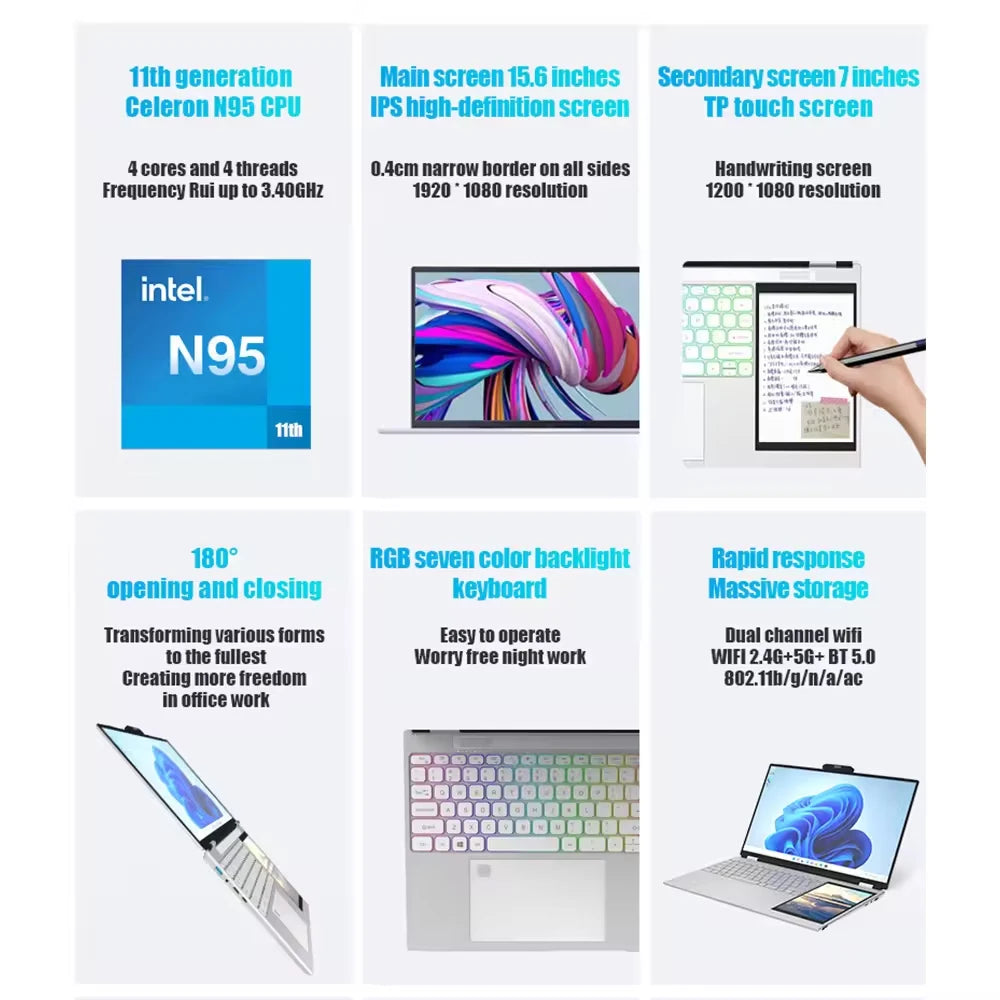 Top Level Laptop Intel N100 16GB RAM 1T SSD 15.6+7 Inch 1080P IPS Notebook Computer for Personal Laptops