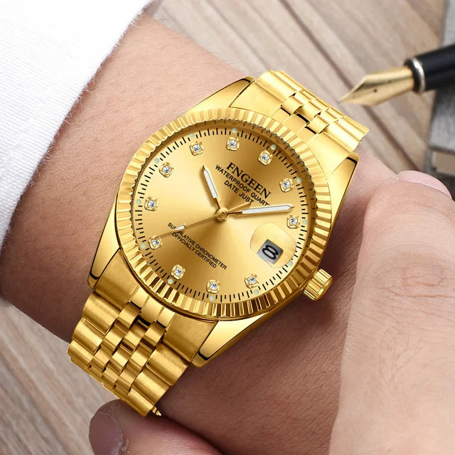 Fngeen 7008 3301 Diamonds Couple Watches Luminous Date Quartz Movement Women and Men Lover's Golden Design Big Dial Wrist Watch
