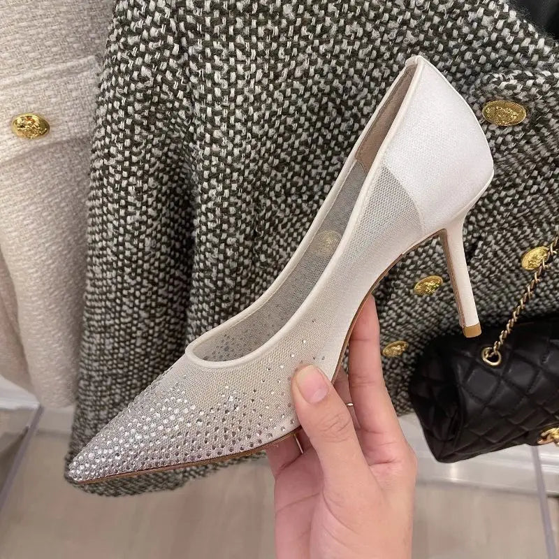 8.5CM/6.5CM/Flat Pointy Toe Sandals RTS Product Famous Brand Designer Mesh Pumps Gold Luxury Heels for Woman