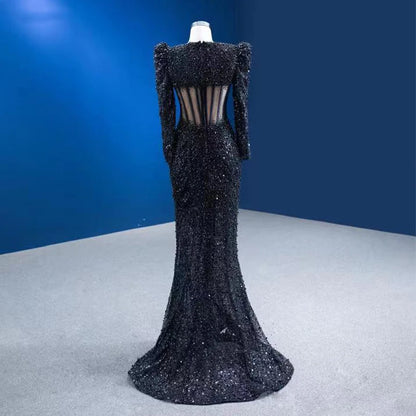 Jancember RSM67553 Sexy Black Illusion Long Sleeve Party Mermaid Evening Gowns Dresses