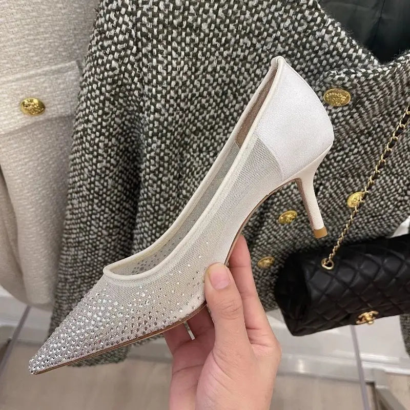 8.5CM/6.5CM/Flat Pointy Toe Sandals RTS Product Famous Brand Designer Mesh Pumps Gold Luxury Heels for Woman