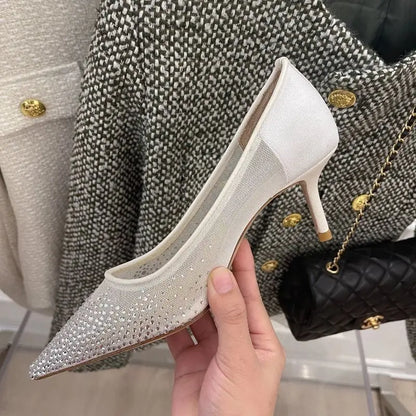 8.5CM/6.5CM/Flat Pointy Toe Sandals RTS Product Famous Brand Designer Mesh Pumps Gold Luxury Heels for Woman