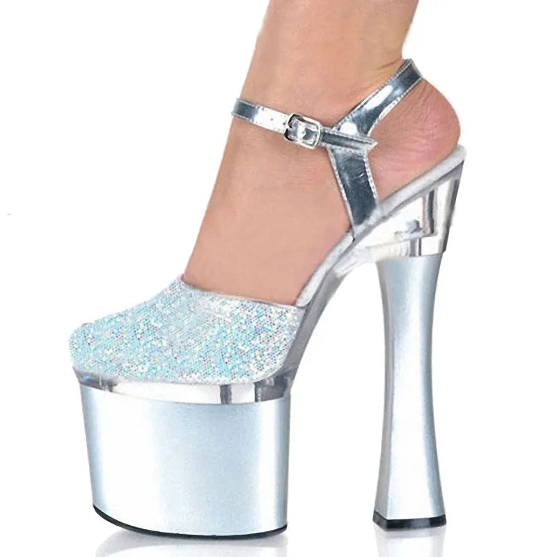 Thick Heel Silver 18 cm Round Head Buckle Shallow Mouth Queen High Heels Banquet Fashion T-stage Model Walk Show Sequin Women's