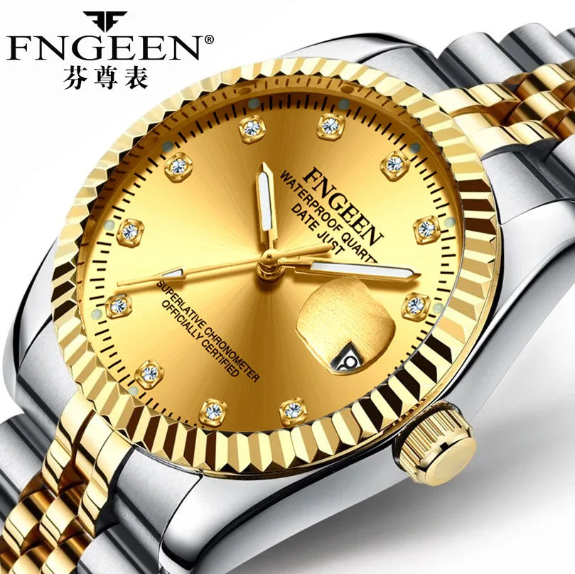 Fngeen 7008 3301 Diamonds Couple Watches Luminous Date Quartz Movement Women and Men Lover's Golden Design Big Dial Wrist Watch