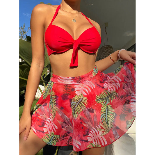 2022 New Design Swimwear 3pcs Swimsuit Solid Halter Tie Front Bikini Set With Floral Dress Women Swimming Suit 3 Piece Swimsuit