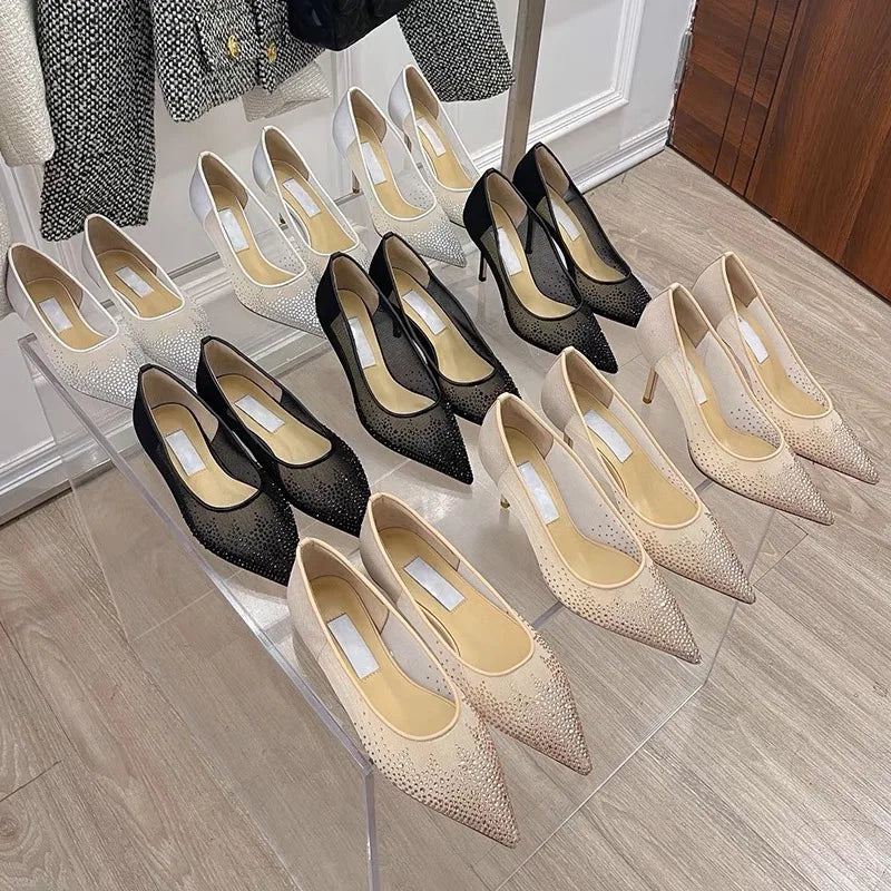 8.5CM/6.5CM/Flat Pointy Toe Sandals RTS Product Famous Brand Designer Mesh Pumps Gold Luxury Heels for Woman