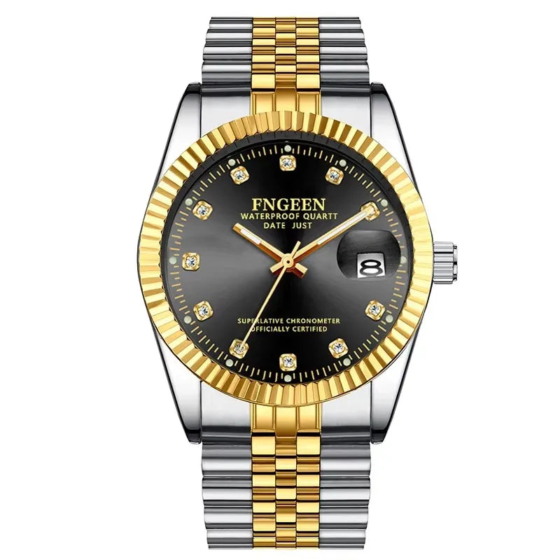 Fngeen 7008 3301 Diamonds Couple Watches Luminous Date Quartz Movement Women and Men Lover's Golden Design Big Dial Wrist Watch