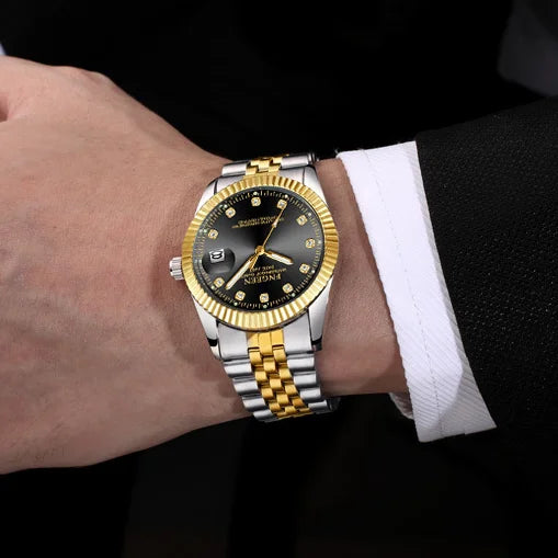 Fngeen 7008 3301 Diamonds Couple Watches Luminous Date Quartz Movement Women and Men Lover's Golden Design Big Dial Wrist Watch