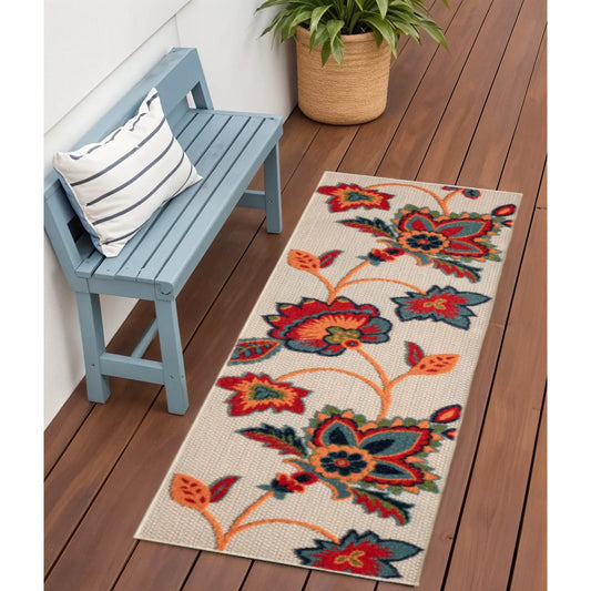 HMS 6' Floral Indoor/Outdoor Runner Rug in Red Beige Blue Orange Red Colors