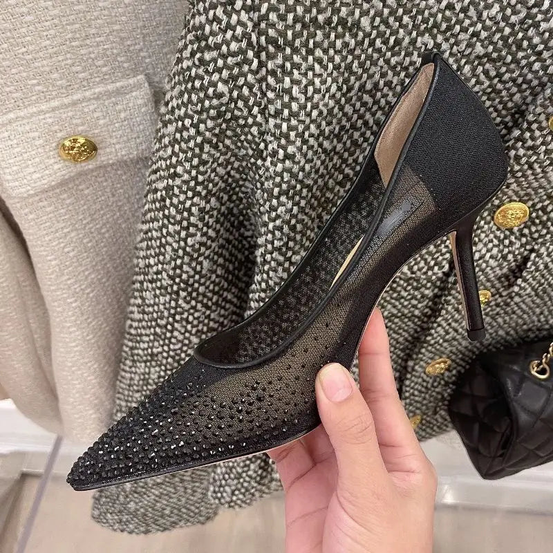 8.5CM/6.5CM/Flat Pointy Toe Sandals RTS Product Famous Brand Designer Mesh Pumps Gold Luxury Heels for Woman