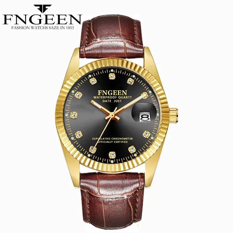 Fngeen 7008 3301 Diamonds Couple Watches Luminous Date Quartz Movement Women and Men Lover's Golden Design Big Dial Wrist Watch