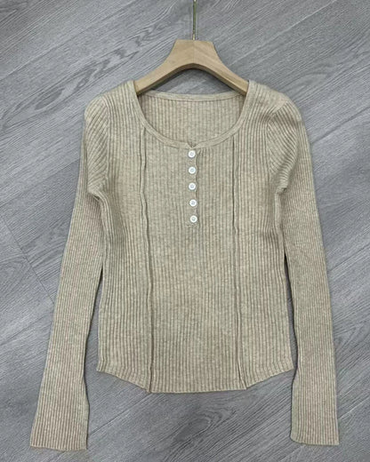 Women's Clothing Fashion All-match Solid Knit Pullovers Spring Summer Elegant Square Collar Chic Button Sweater Lady Vintage Top