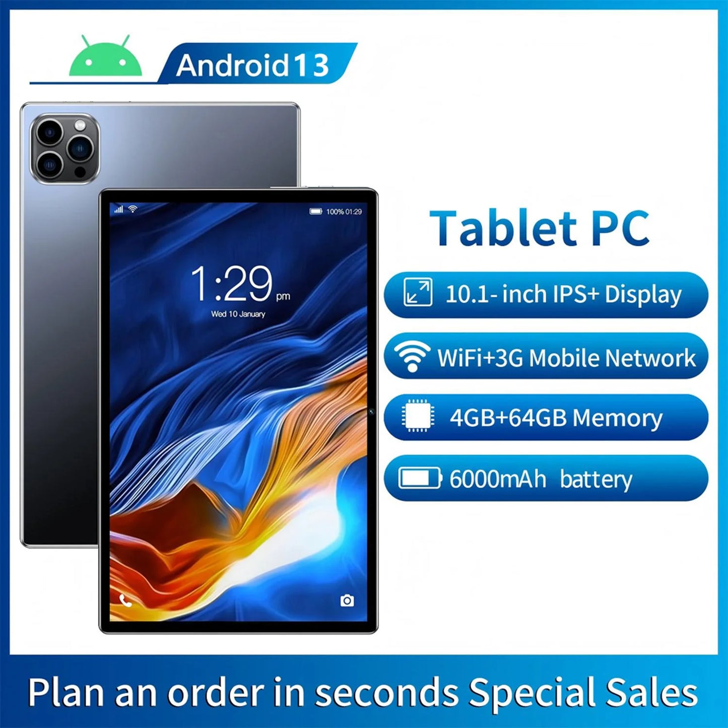 BDF Android 10.1 Inch Tablet Pc Google Play Octa Core Dual Cameras Dual SIM 3G Phone Call Tablets Bluetooth Wifi 4GB+ 64GB ROM