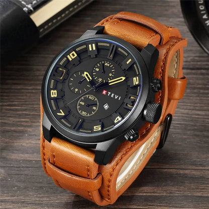 MAYZHISU Retro Men's Watches Big Dial Leather Band Men Business Quartz Watches Calendar Military Sports Male's Wristwatch Clock