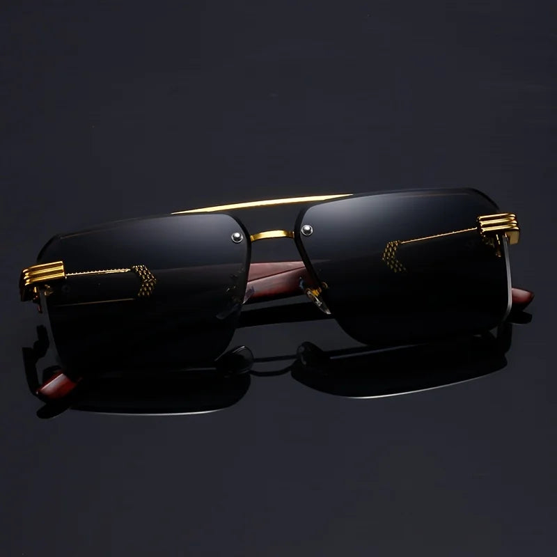 Trend Double Beam Rectangle Sunglasses Men Women Rimless Cut Edge Square Sun Glasses Fashion Frameless Wood Grain Shades UV400