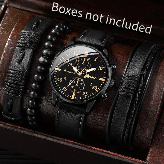 4PCS Men's Business Watches Fashion Leather Band Analog Quartz Watch with Woven Bracelets Set（Without Box）
