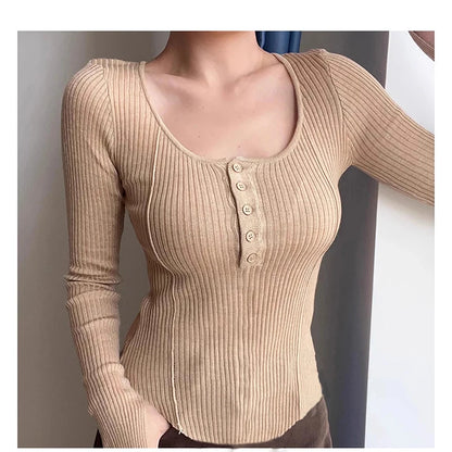 Women's Clothing Fashion All-match Solid Knit Pullovers Spring Summer Elegant Square Collar Chic Button Sweater Lady Vintage Top