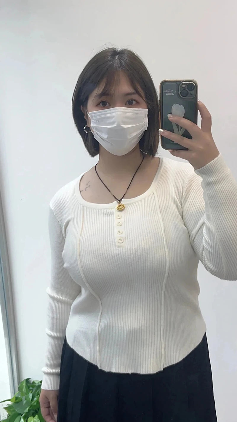 Women's Clothing Fashion All-match Solid Knit Pullovers Spring Summer Elegant Square Collar Chic Button Sweater Lady Vintage Top