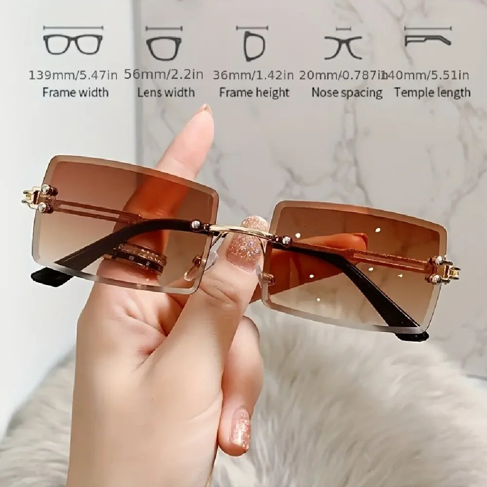 Fashion Rimless Sunglasses Women Trendy Small Rectangle Sun Glasses  Summer Traveling Style Brown Shades for men