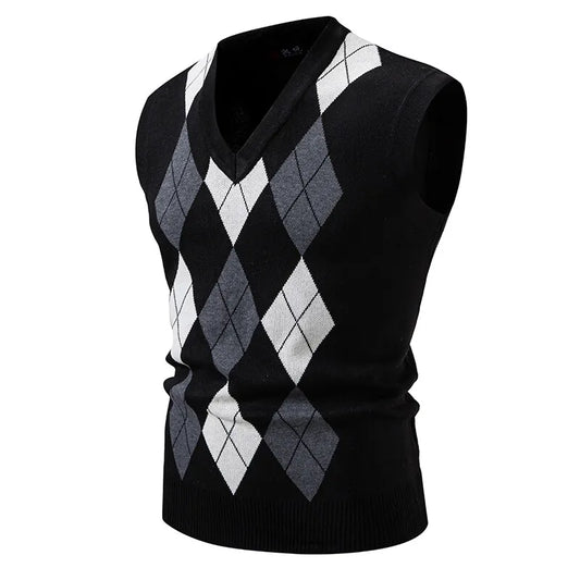 Men's Sleeveless Knit Vests Fashion Geometric Knitted Pullovers Men V-Neck Smart Casual Sweater Tank Tops Knitting Mens Clothing