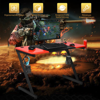 Z-shaped gaming table computer table PC table with mug holder headphones hooks and pit stands desk for home