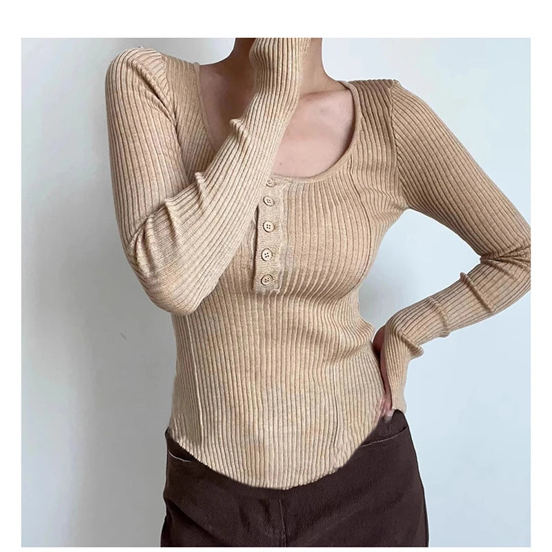 Women's Clothing Fashion All-match Solid Knit Pullovers Spring Summer Elegant Square Collar Chic Button Sweater Lady Vintage Top